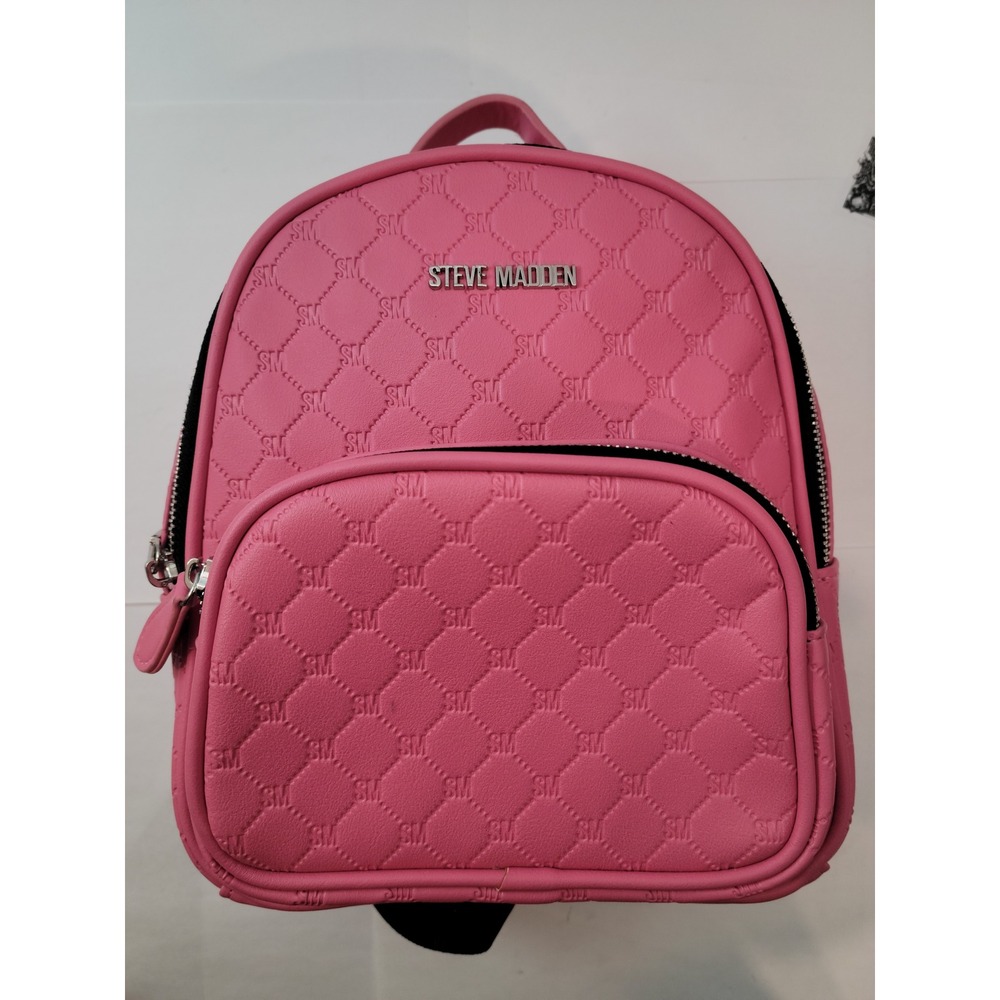 Steve Madden Mini Backpack Women Pink Quilted Monogram Logo Embossed Small Bag